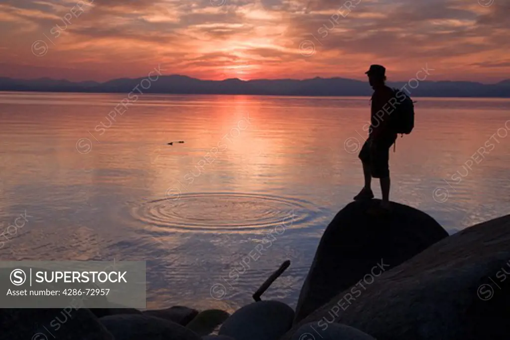  A man standing on a rock on the shore of Lake Tahoe in California at sunset with reflecting water