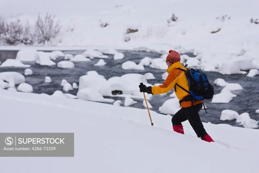 A woman skiing along the Truckee River on a snowy day in California