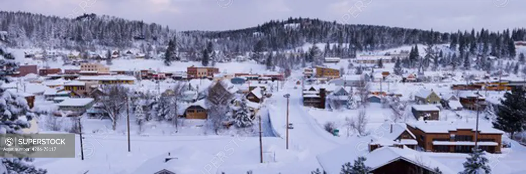 A panorama photo of the town of Truckee California after a snow storm