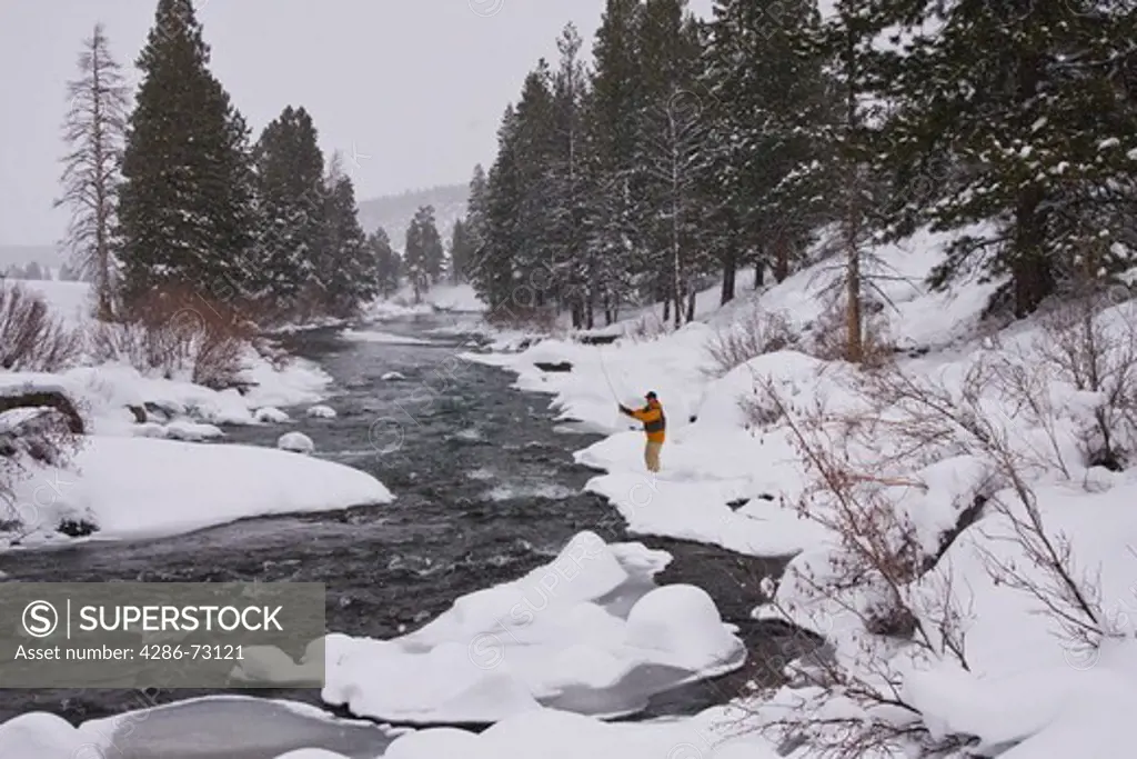 A man fishing on a snowy winter day on the Truckee River in California