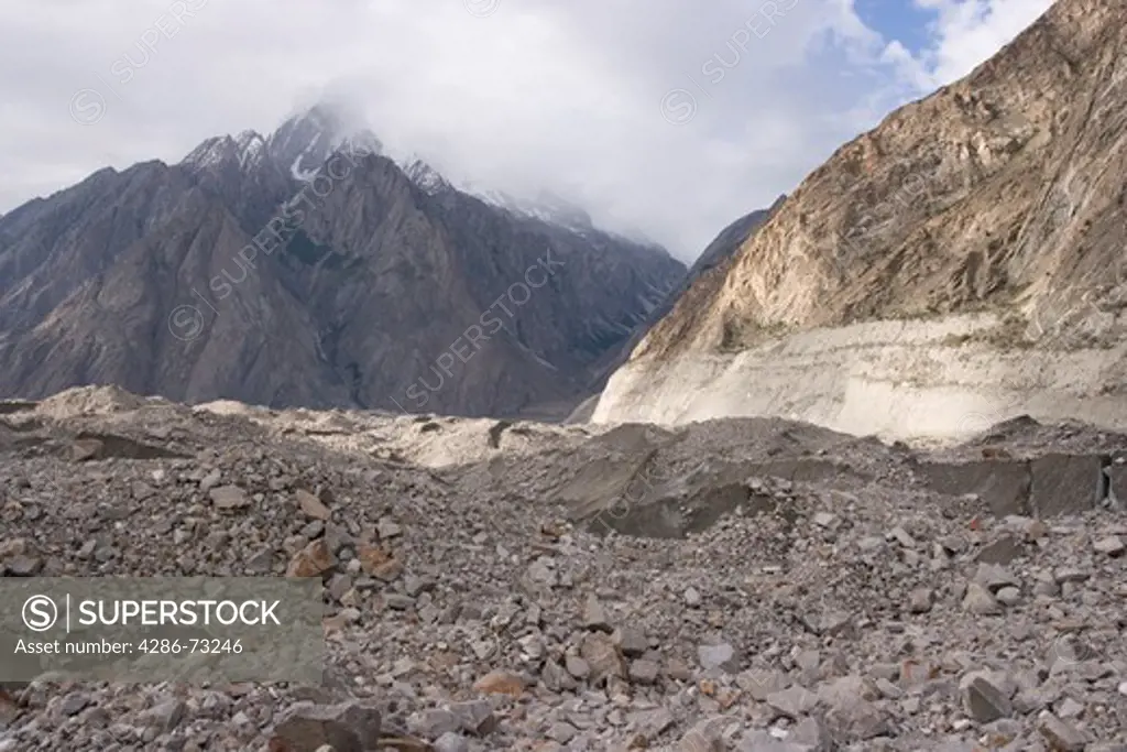The lower part of the Biafo Glacier covered with rock debris