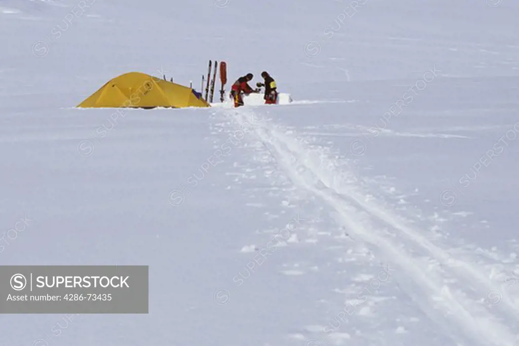 Couple camping the Ruth Gorge in the Alaska Range in Alaska