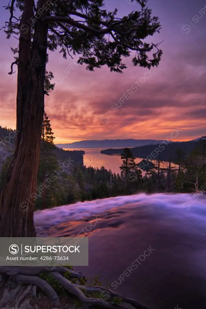 A blurry photo of Eagle Falls and Emerald Bay at sunrise at Lake Tahoe in California