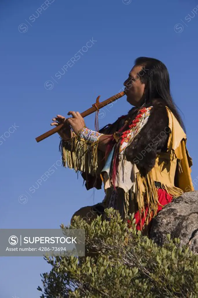 A Lokata Native American Indian warrior in full traditional costume playing a wooden flute in the forest