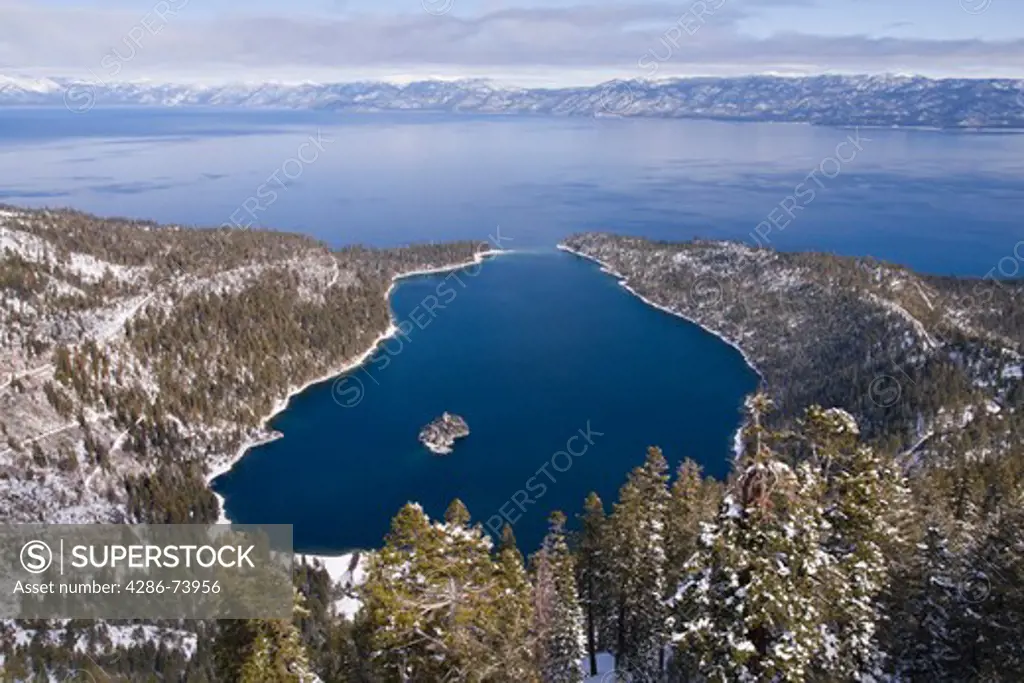 emerald bay and lake tahoe california on a snowy winter day
