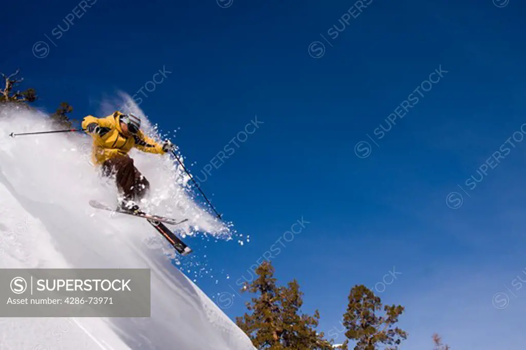 A man skiing on a sunny day in fresh powder at Northstar near Lake Tahoe in California