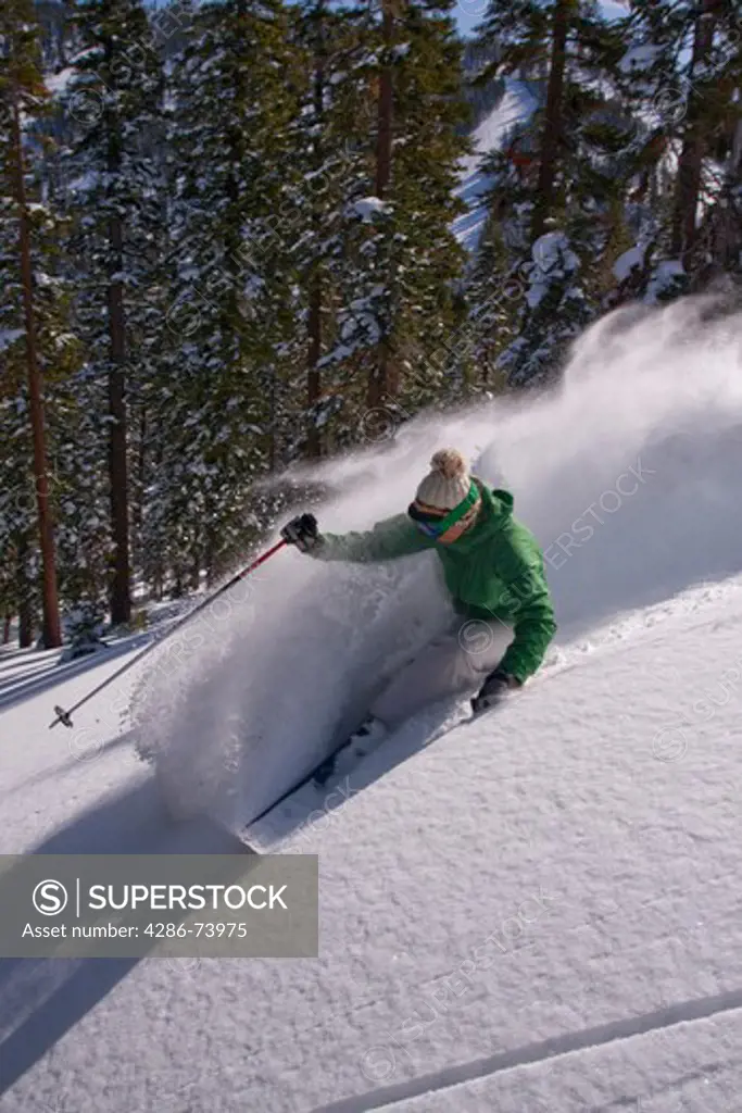 A woman alpine skiing on powder snow on a blue sky day at Northstar ski resort near Lake Tahoe in California