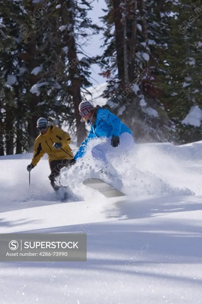 A woman snowboarding and a man skiing in fresh powder snow on a sunny day at Northstar near Lake Tahoe in California