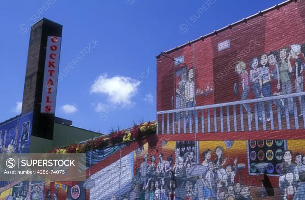 Canada,Ontario,Toronto,exterior wall mural of building painted as the inside of a cocktail bar