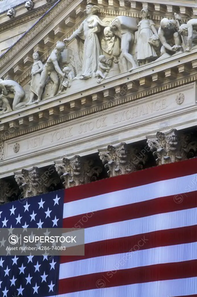 USA,New York,New York City,exterior of the New York Stock Exchange NYSE with the American flag 