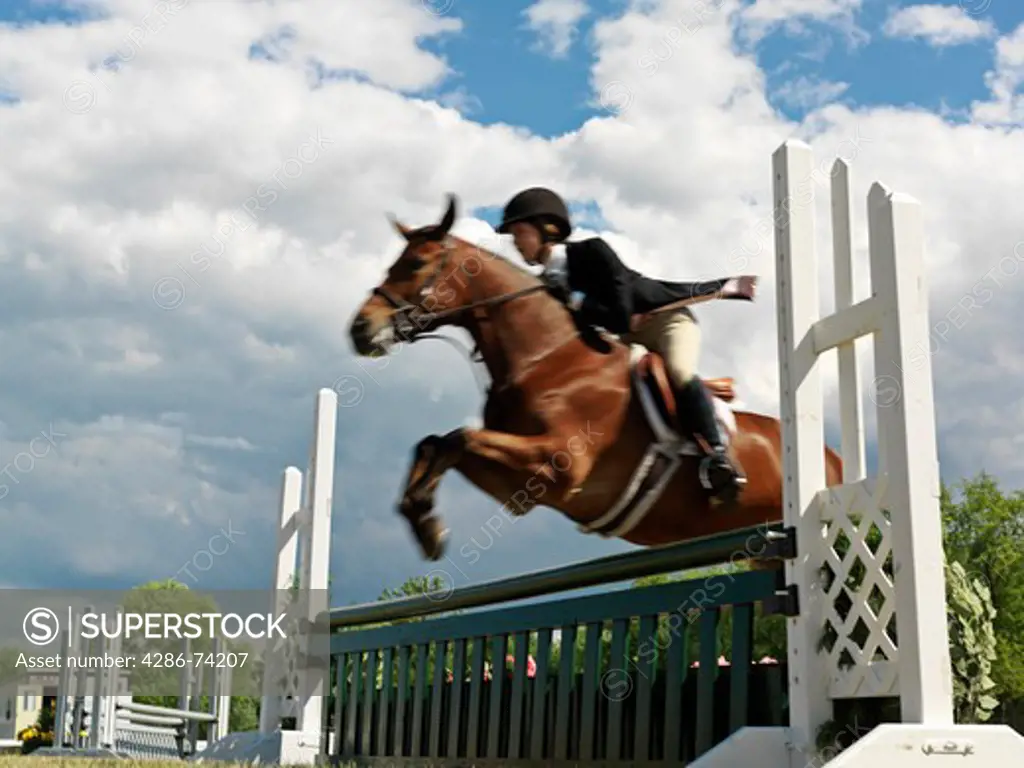Canada,Ontario,Niagara-on-the-Lake,teenage female equestrian jumping a hurdle