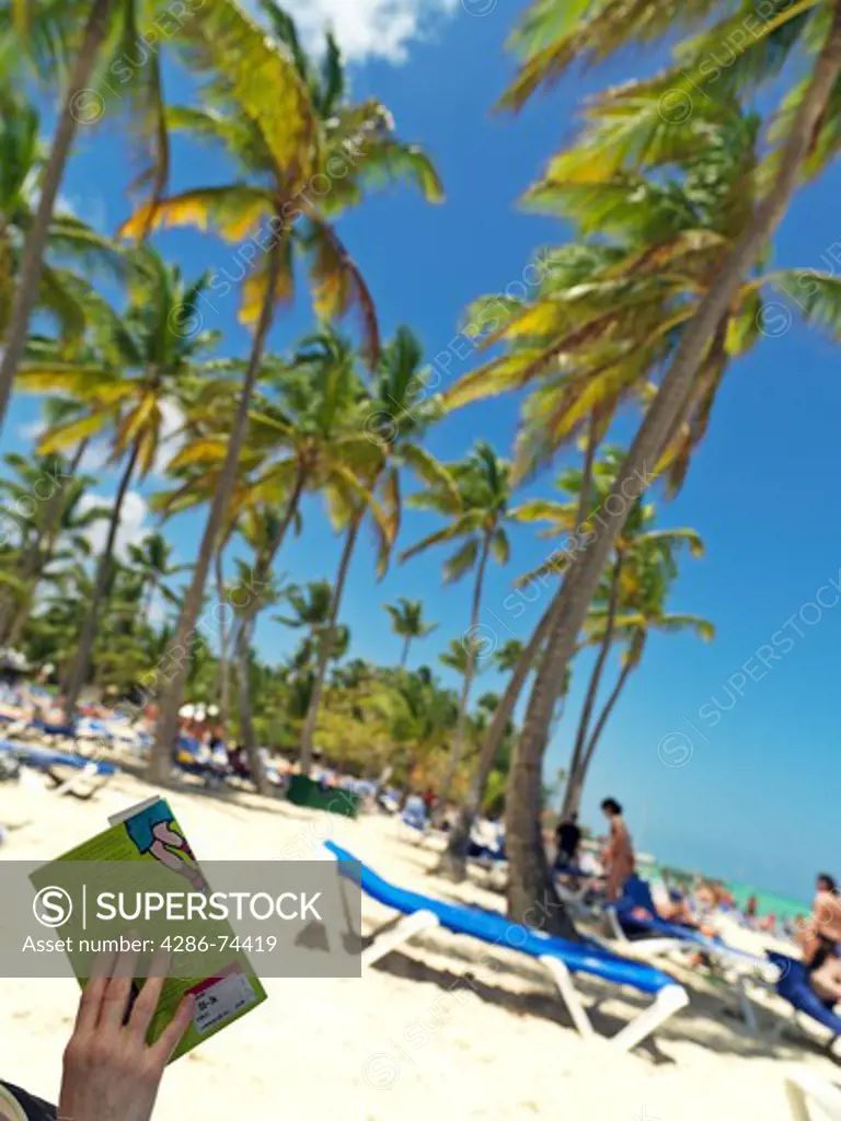 Dominican Republic Punta Cana Bavaro Beach  person reading book under palm trees on white sandy beach facing the sea