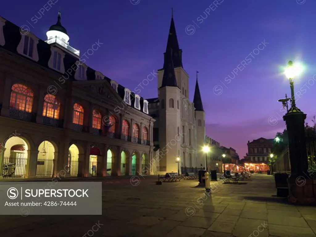USA,Louisiana,New Orleans,French Quarter,Saint Louis Cathedral Jackson Square and the Cabildo Louisiana State Museum at dawn