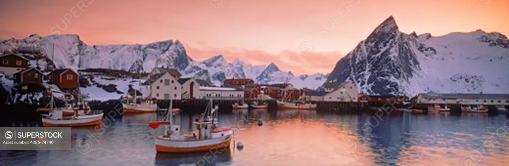Sunrise and fresh snow in village of Hamnoy on Moskenes Island in Lofotens