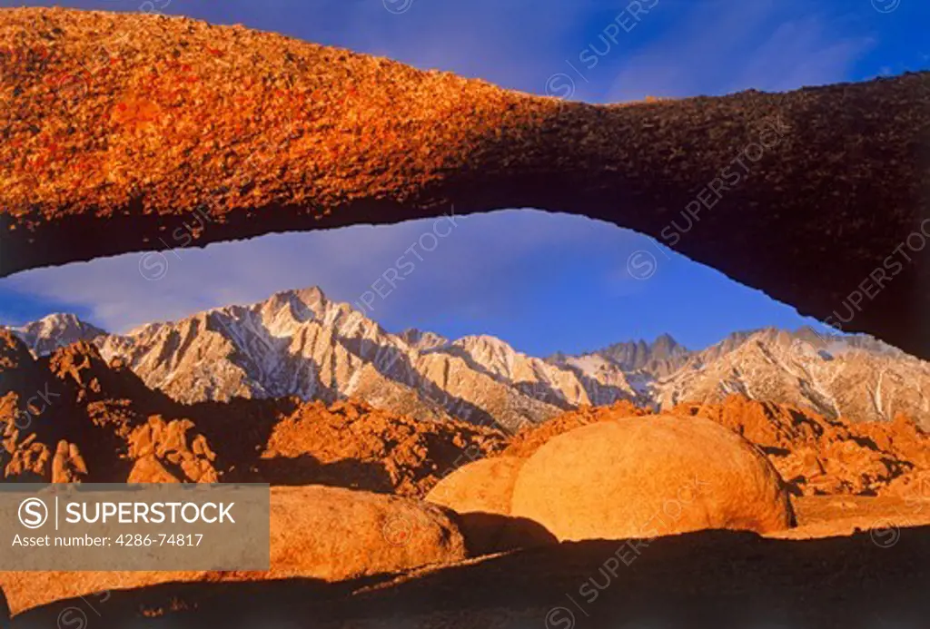 Mount Whitney on right and Lone Pine Peak left in California Sierra Nevada Mountains from  the Alabama Hills at sunrise