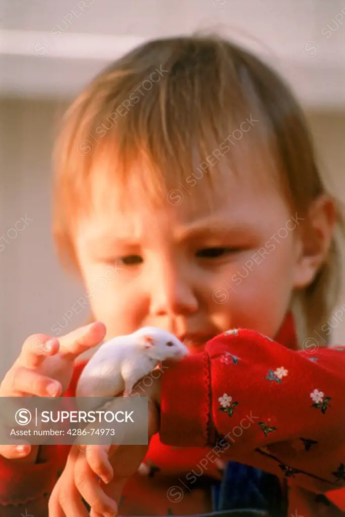 Young girl with white mouse on her arm