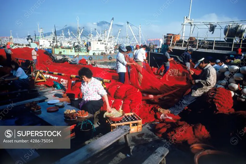 Fishing nets and boats at Pusan port in South Korea