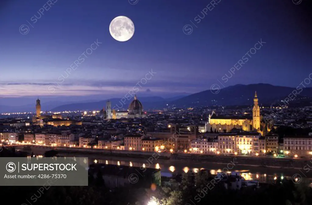 Moon over Florence and Arno River with Piazza della Signoria left Duomo center and Santa Croce Cathedral right Italy