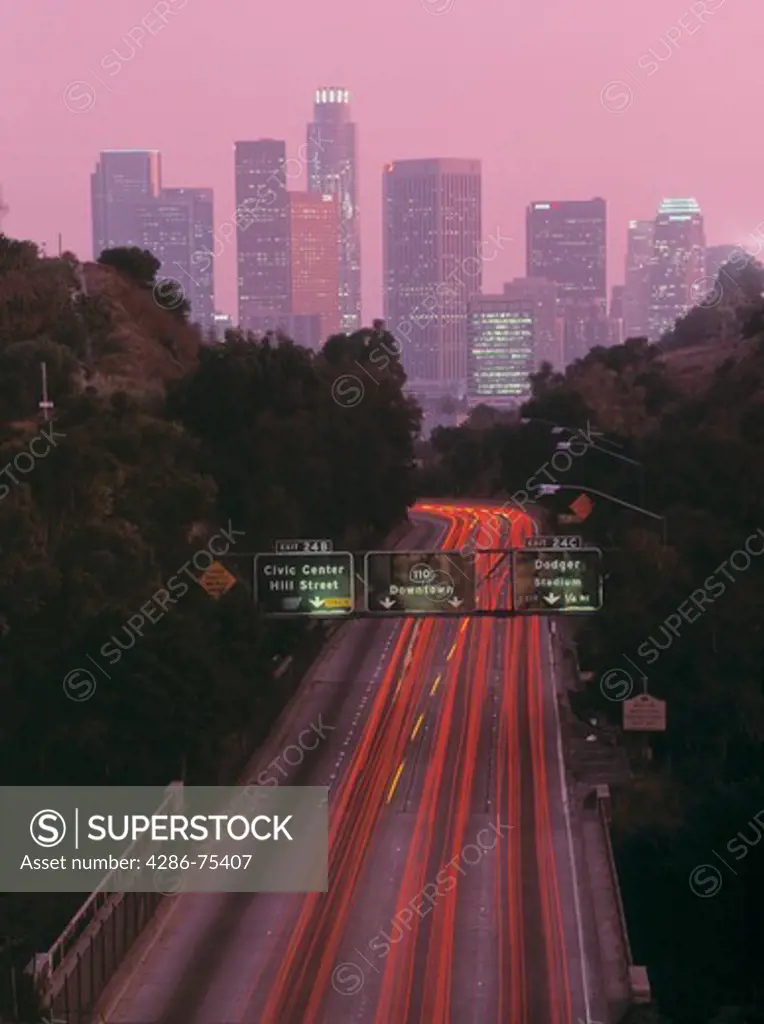 The 110 Freeway going toward Los Angeles Civic Center at dusk