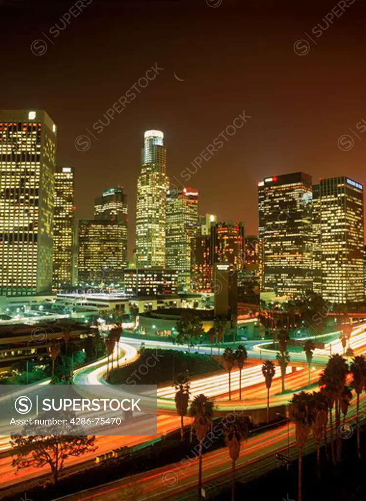 Downtown Los Angeles with passing freeways at night