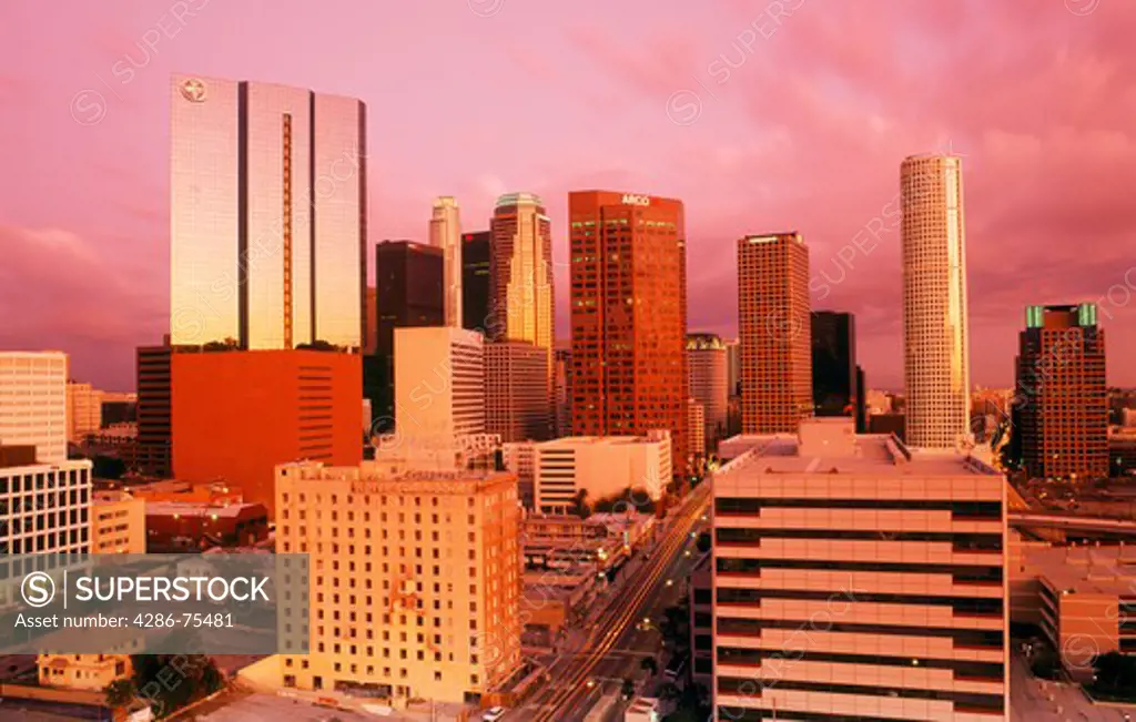 Sunset light hitting walls of downtown Los Angeles