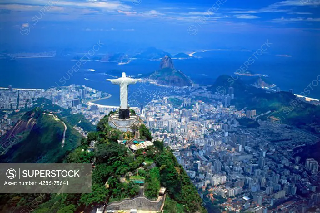 Aerial view of Corcovado above Botafogo Bay and Pao de Acucar in Rio de Janeiro