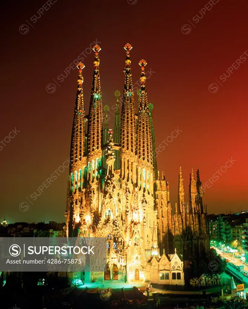 Sagrada Familia Church of the Holy Family at night in Barcelona Spain