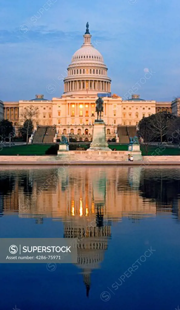 Sunset light reflecting off Capitol Building in Washington D C