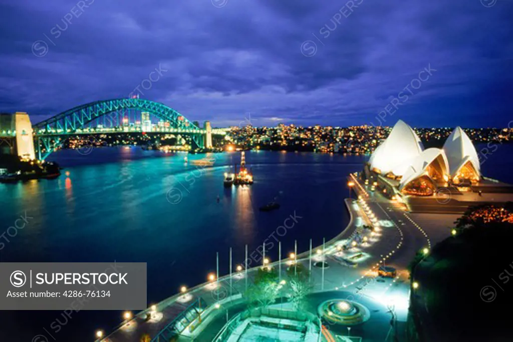 Opera House with Sydney Harbour Bridge from above at night