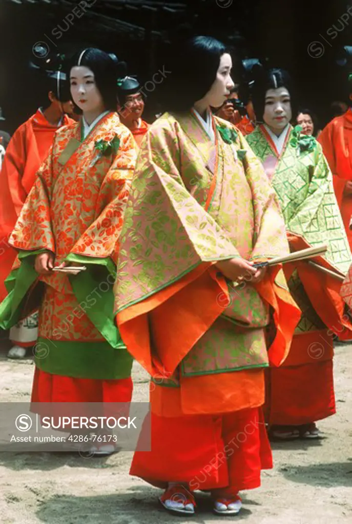 Traditional court ladies in colorful kimonos at Aoi Matsuri Festival in Kyoto. Japan