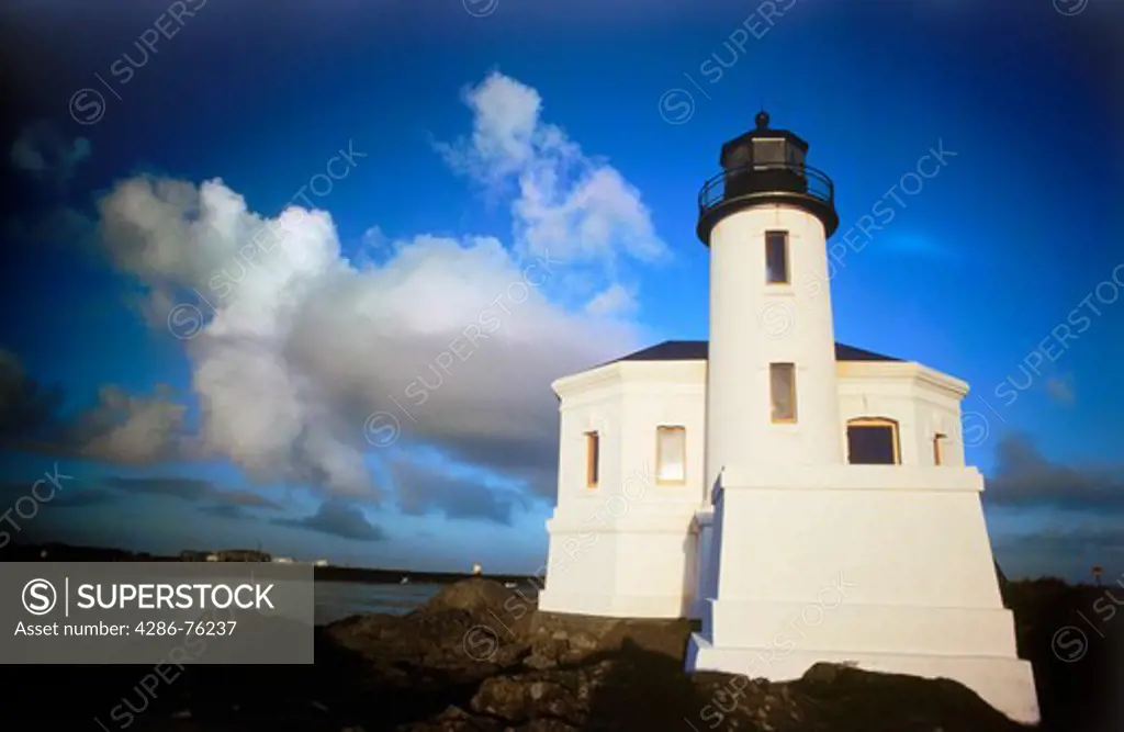 Coquille River Lighthouse at Bullards Beach State Park in Bandon Beach, Oregon in sunrise light