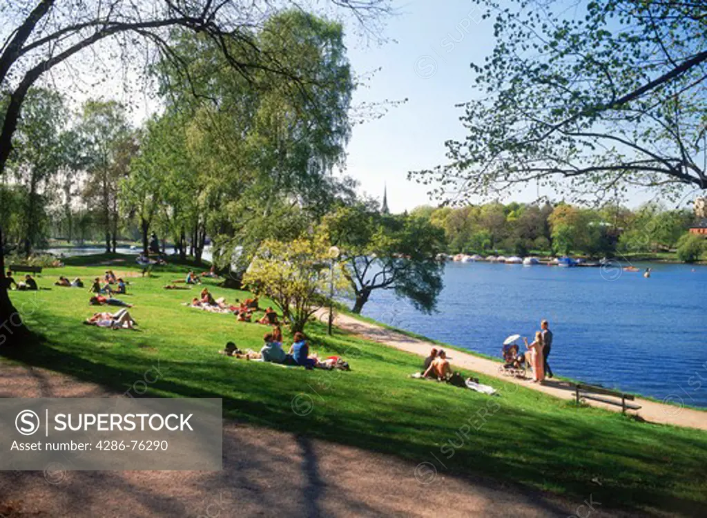 Families and visitors on grass sharing romantic summer picnics and sunbathing at Djurgarden in Stockholm