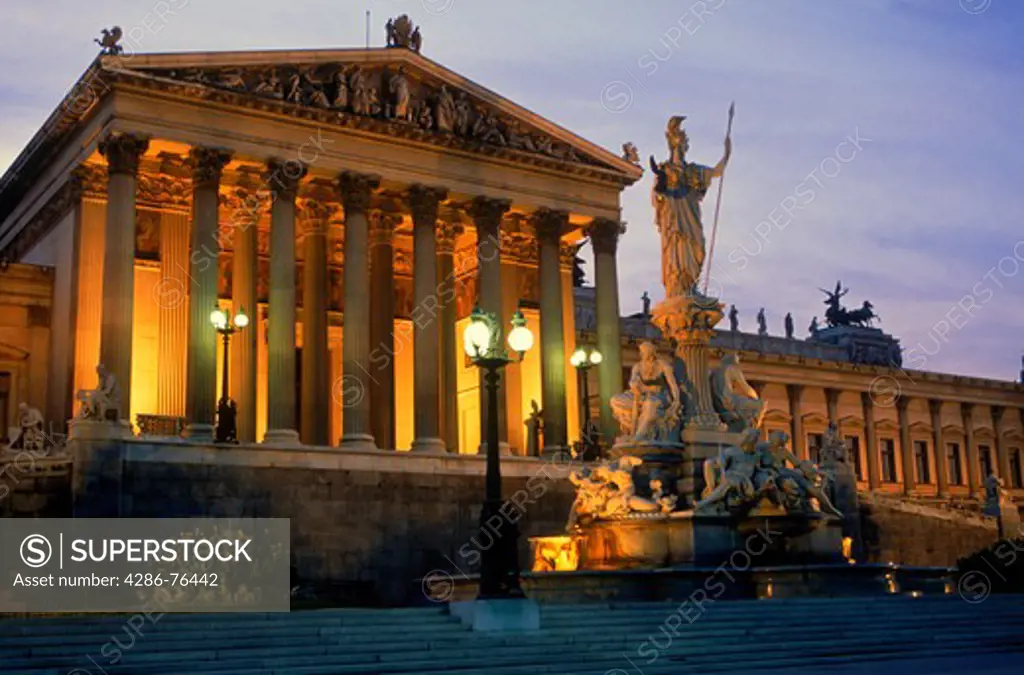Athena Statue at Parliament Building on Ring Road in Vienna, Austria at dusk