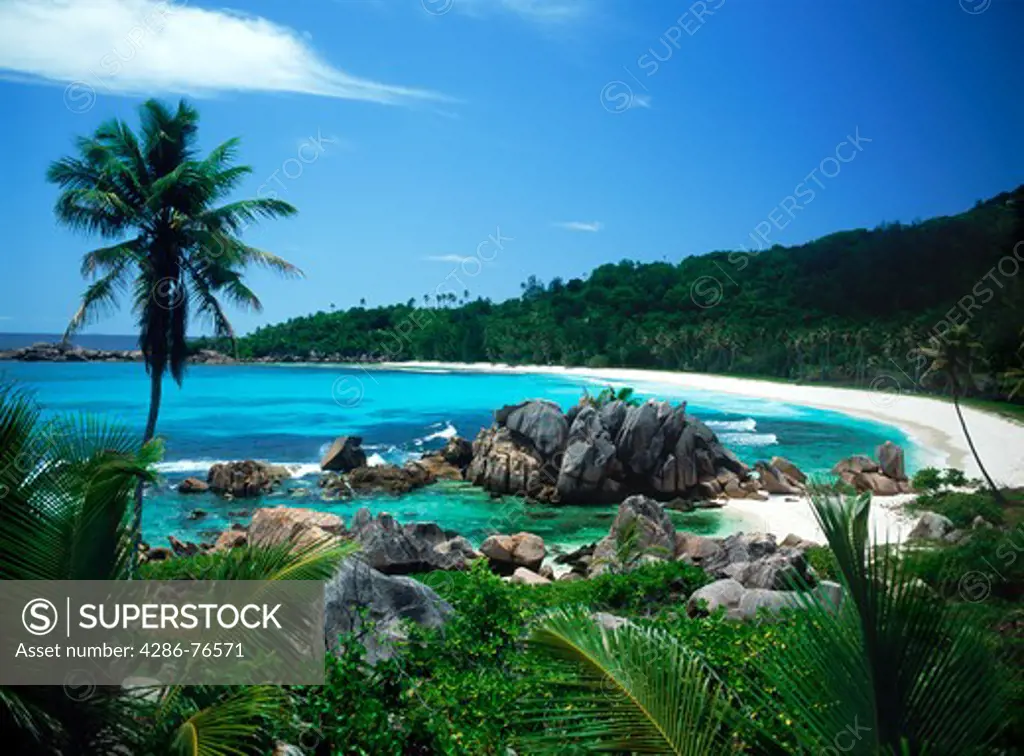 Granite rocks with sandy shores and and palm trees at Grand Anse on La Digue in Seychelles