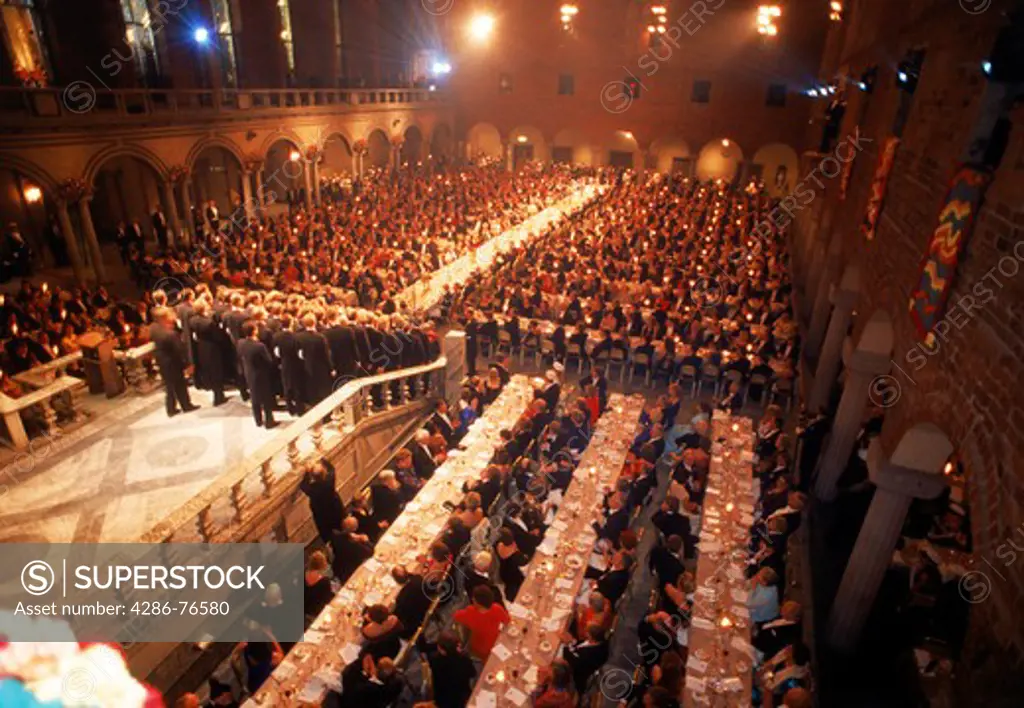 Nobel Awards banquet and performance in Blue Room of Town Hall or City Hall in Stockholm every December