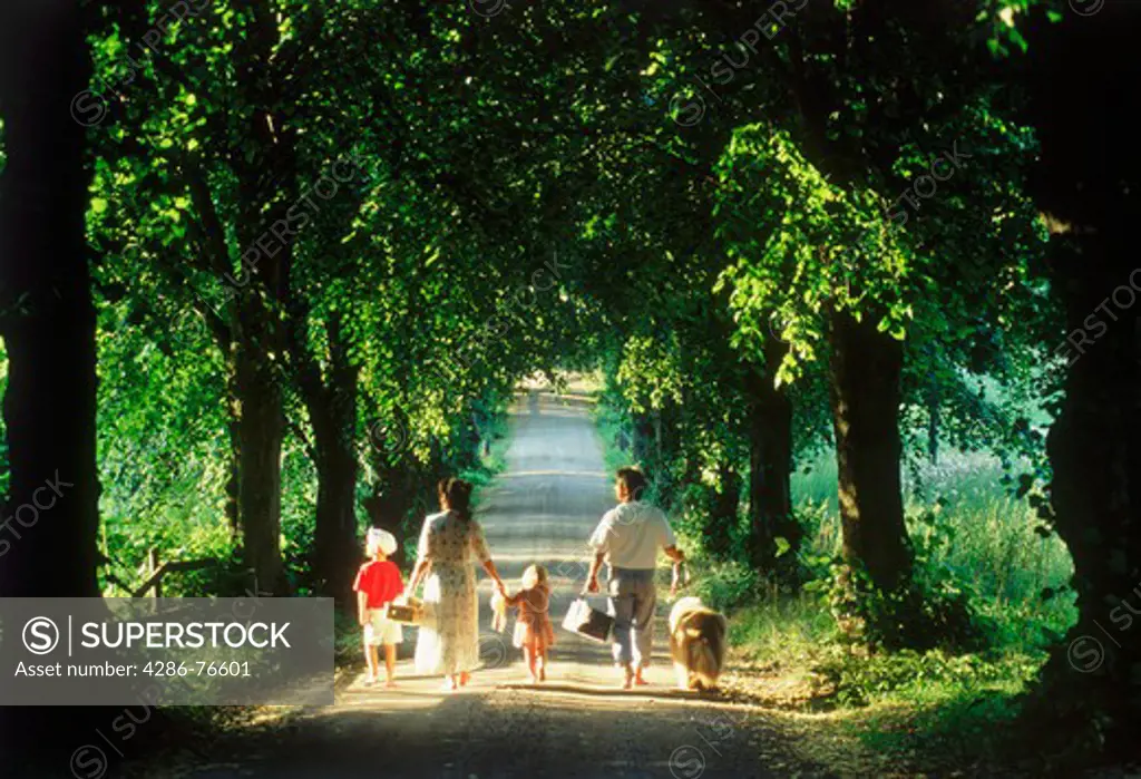 Family of five with dog on tree lined country road in Sweden
