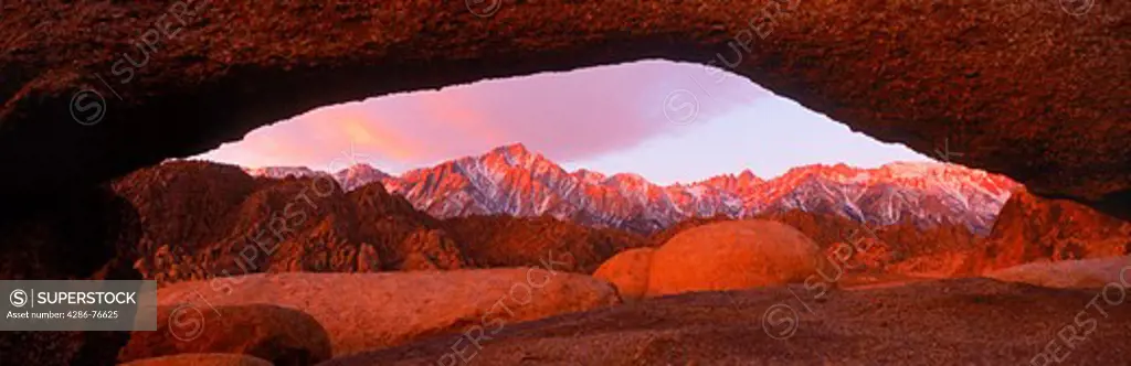 Mount Whitney on right and Lone Pine Peak left in California Sierra Nevada Mountains from  the Alabama Hills at sunrise