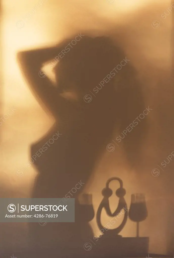 Shadow of nude woman silhouetted on sunlit wall with sculpture and wine glasses