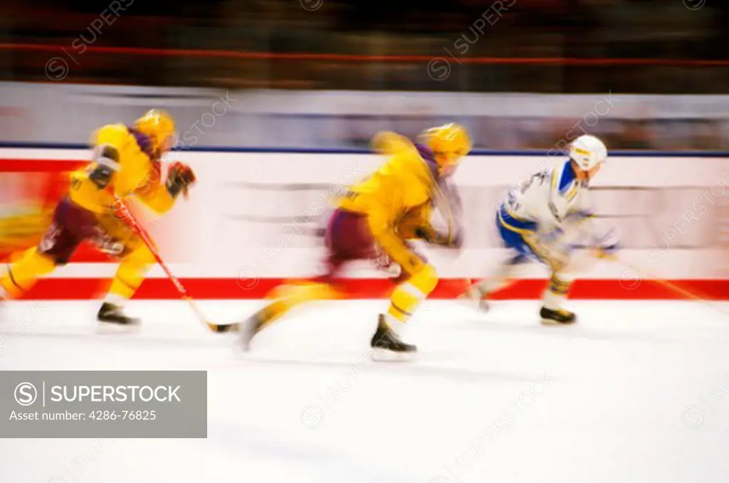 Professional hockey match in Stockholm's Globen Arena with players, sticks, puck and uniforms