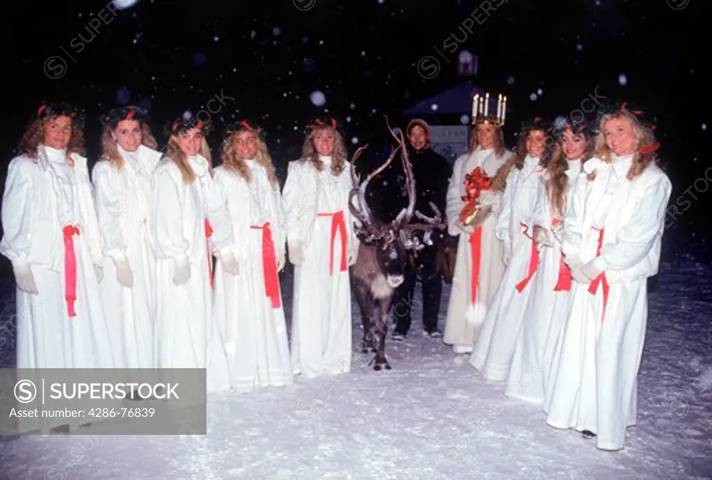 Miss Lucia Queen and Princesses at Skansen Park in Stockholm on December 13th with reindeer and snow falling
