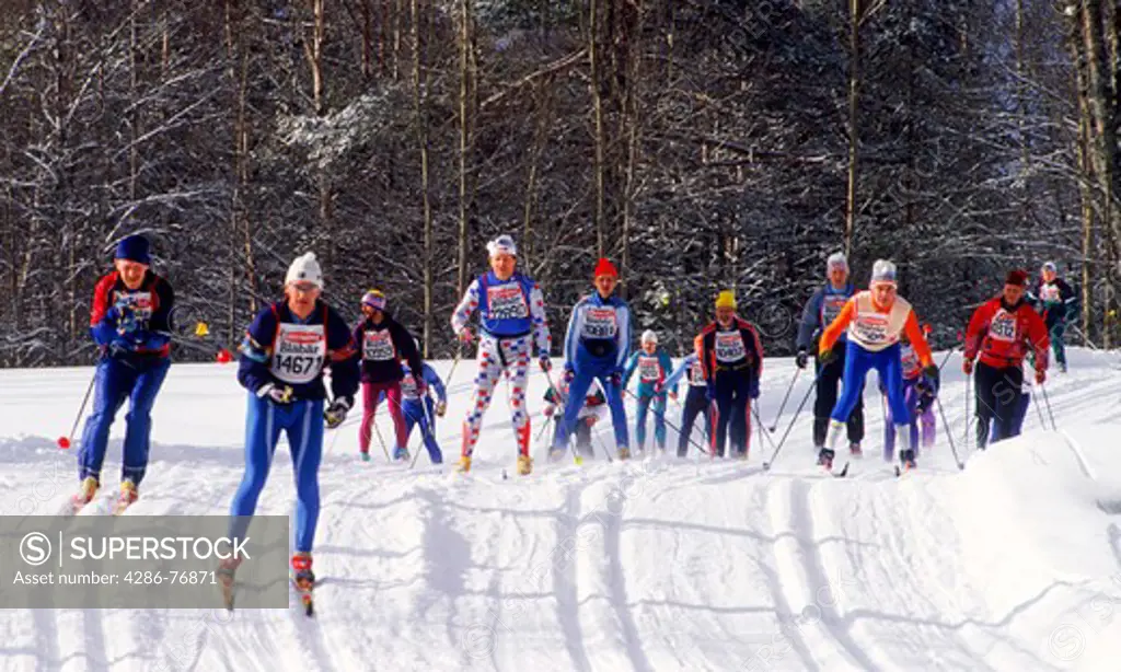 Cross country ski race called Vasaloppet in Sweden under sunny skies in winter