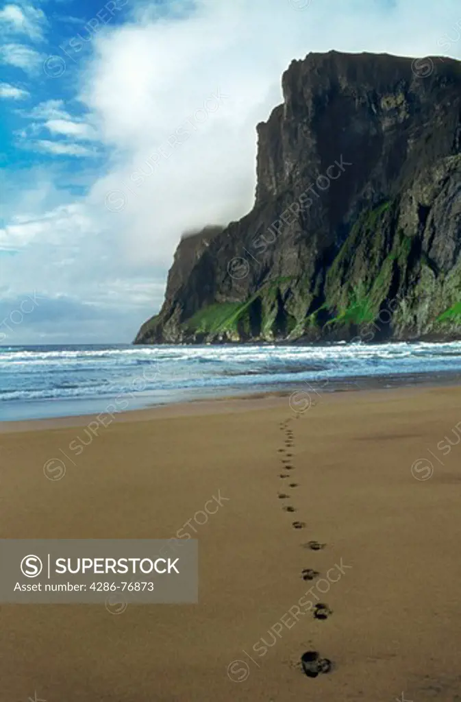 Footprints across sandy shore symbolizing trekking on Moskenes Island in Lofotens off Northern Norway