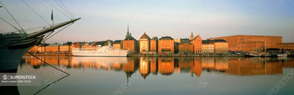 Af Chapman schooner at Skeppsholmen across from The Old Town in Stockholm at sunrise