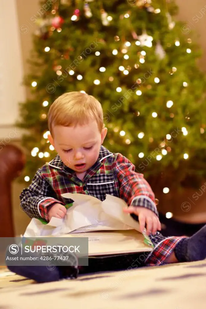 18 month old boy opening presents on Christmas morning.