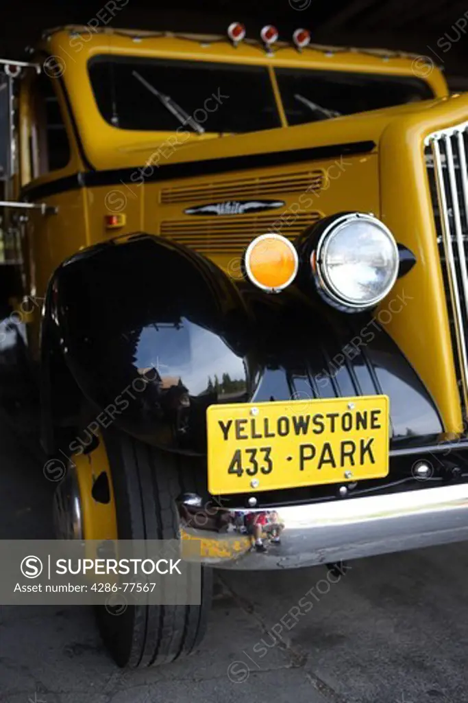 Close up of a restored vintage Yellowstone Park tour bus