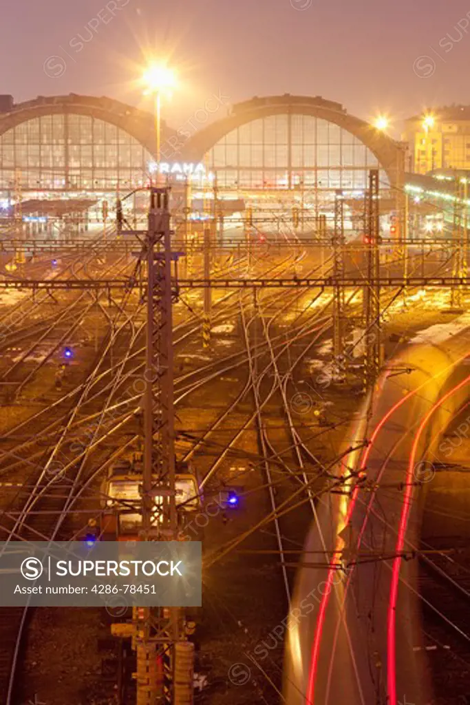 Prague Main Railway Station  - view from above of tracks outside at dusk