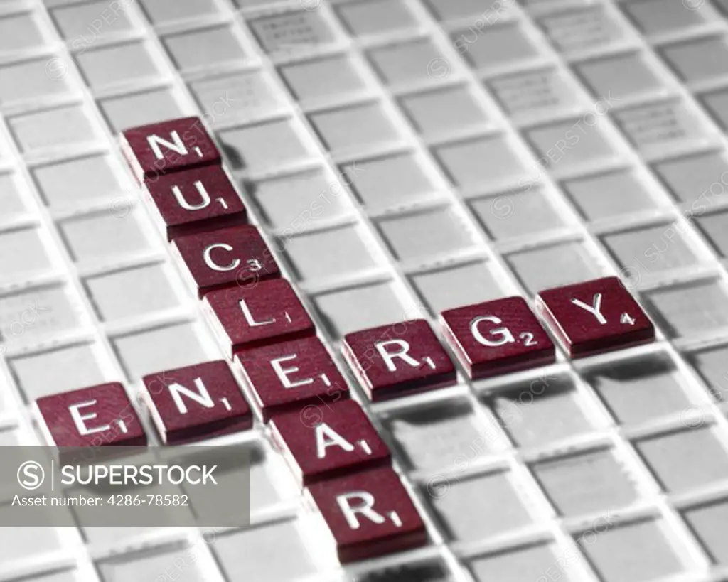 Individual tiles with letters spelling out the words nuclear energy.