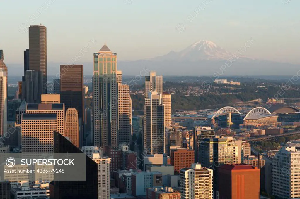 Seattle Skyline from Space Needle with Mount Rainier and downtown building at sunset Seattle Washington State USA