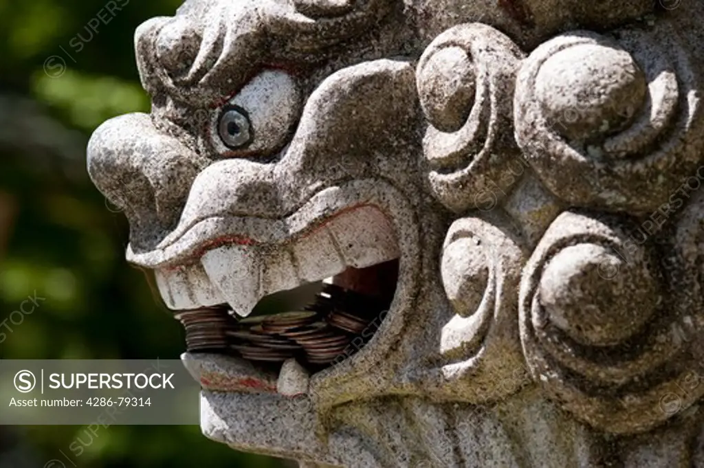 Shinto Shrine Guard Lion Dog sculpture protecting the Shrine entrance Granite Falls Washington State USA
