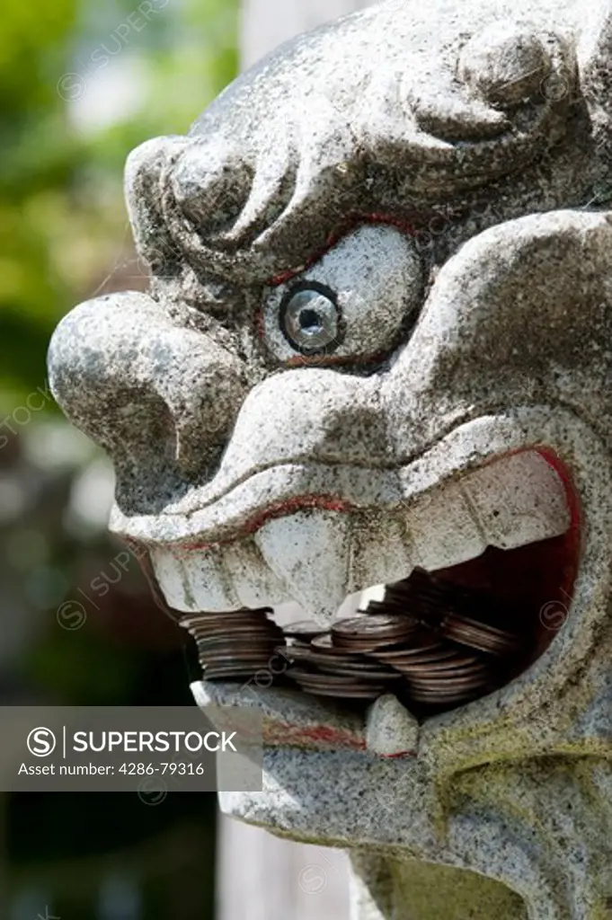 Shinto Shrine Guard Lion Dog sculpture protecting the Shrine entrance Granite Falls Washington State USA